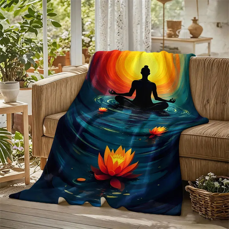 Meditation Flame Lotus Flannel Blanket Perfect for Sofa Office Bed Travel Sleep Read Relax Camping Four Season Use