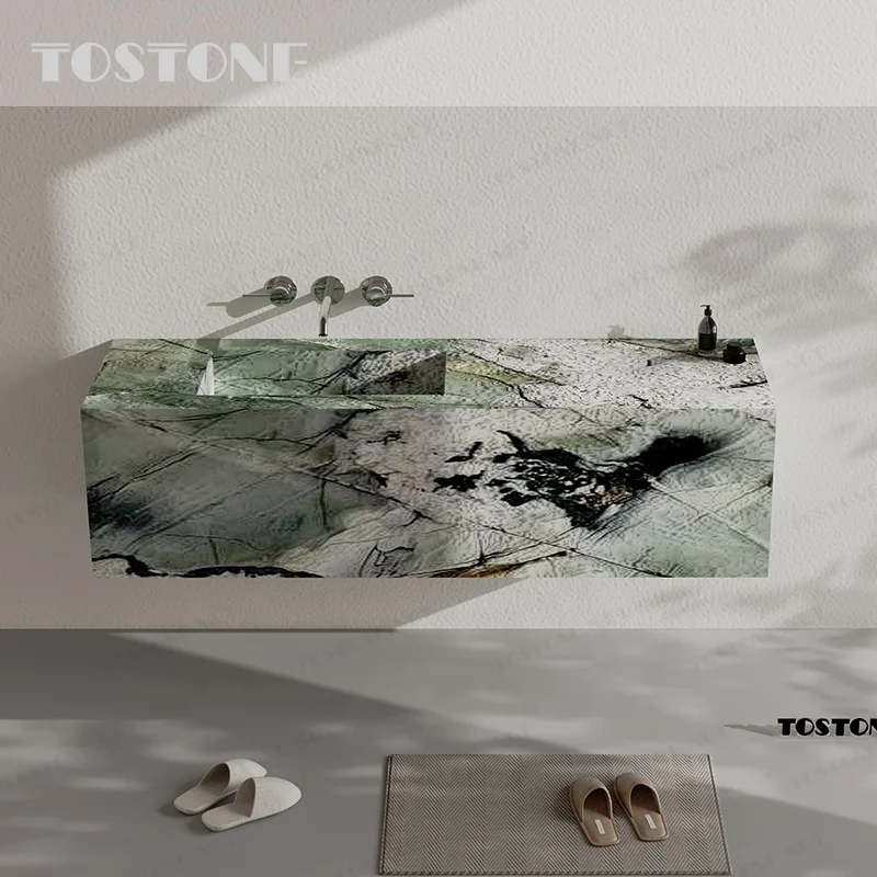 Tostone Fully Customize Premium Green Quartzite Natural Stone Travertine Vanity for Modern Villa Hotel Bathroom Decoration