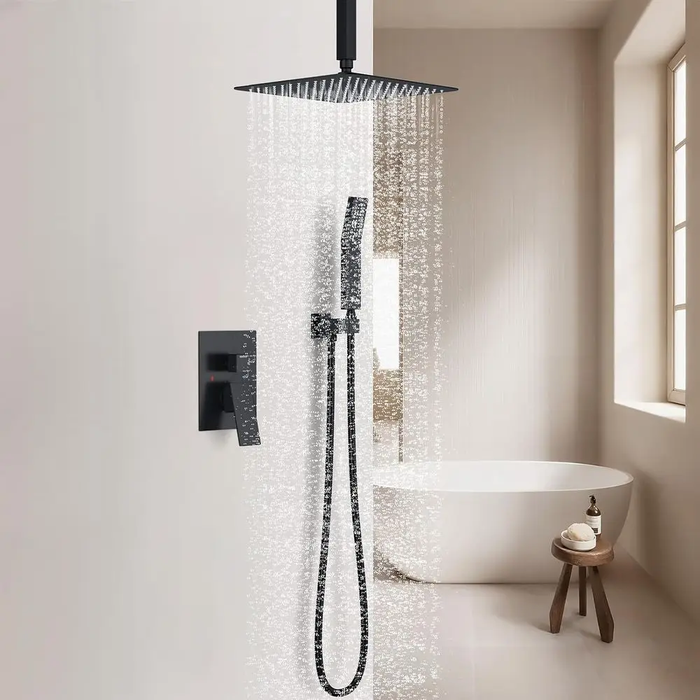 Matte Black Ceiling-Mounted Rainfall Shower System with 12 Square Head, Handheld, and Mixer Valve