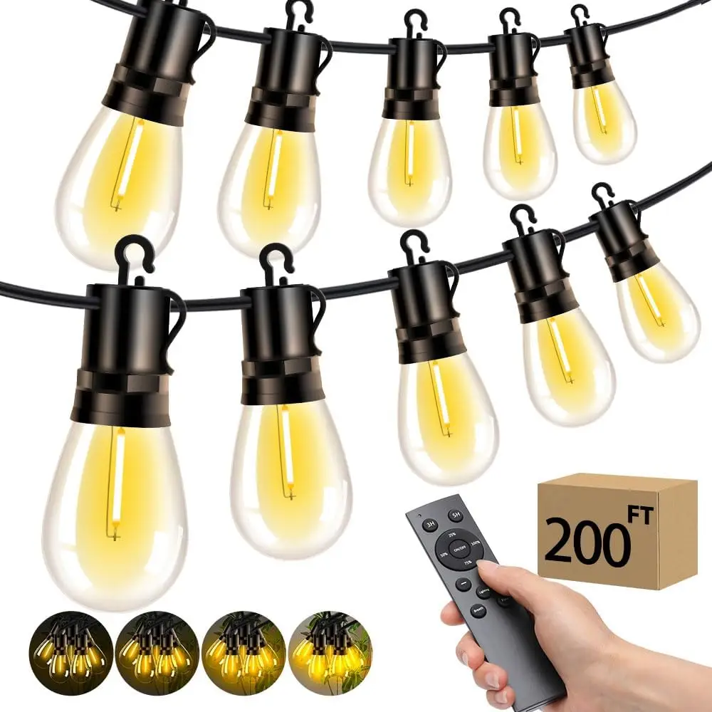 

200FT Outdoor String Lights with Remote, Dimmable, Waterproof, Connectable, S14 Shatterproof Bulbs, 60M Hanging Lighting for Patio, Garden, Yard, Party