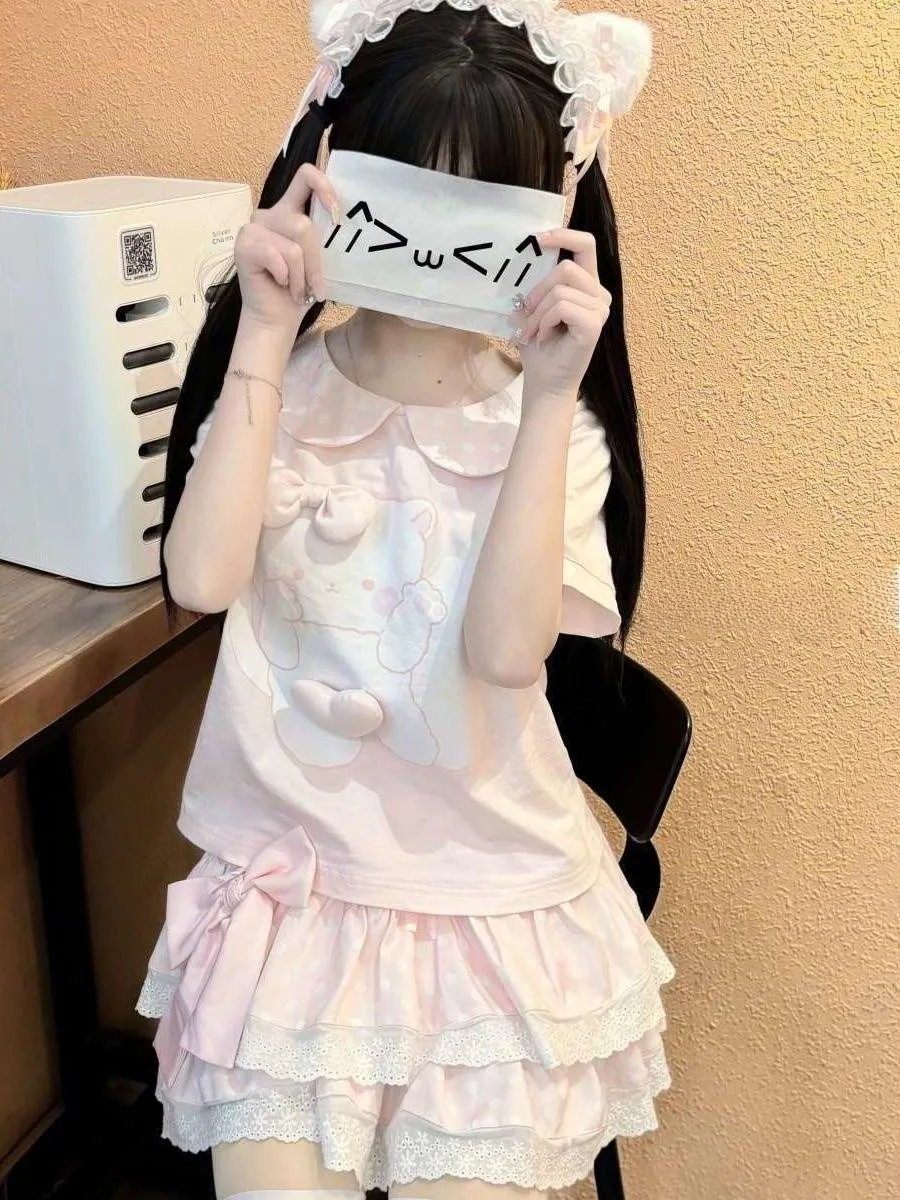 

Y2K Sweet Girl's ort Sve T-irt Cute Doll Collar Pinki Top Summer Faion Cultural Subup Soft Sister Outfit