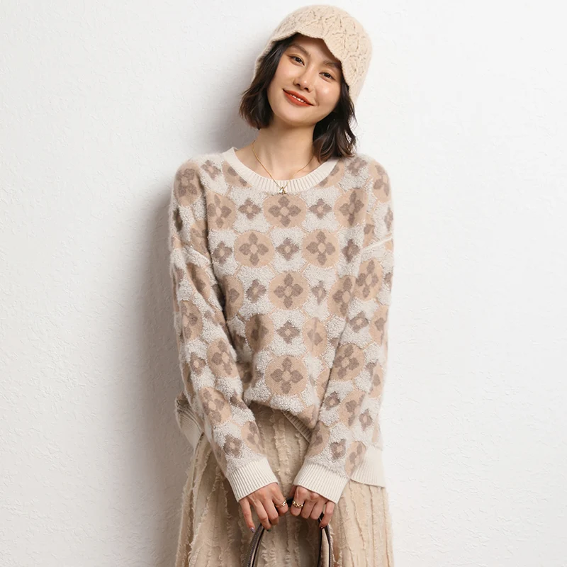 Jacquard Loose Cashmere Sweater Women's Autumn Winter Round Neck Thick Warm Pullover French Fashion Knitted Jumper Top