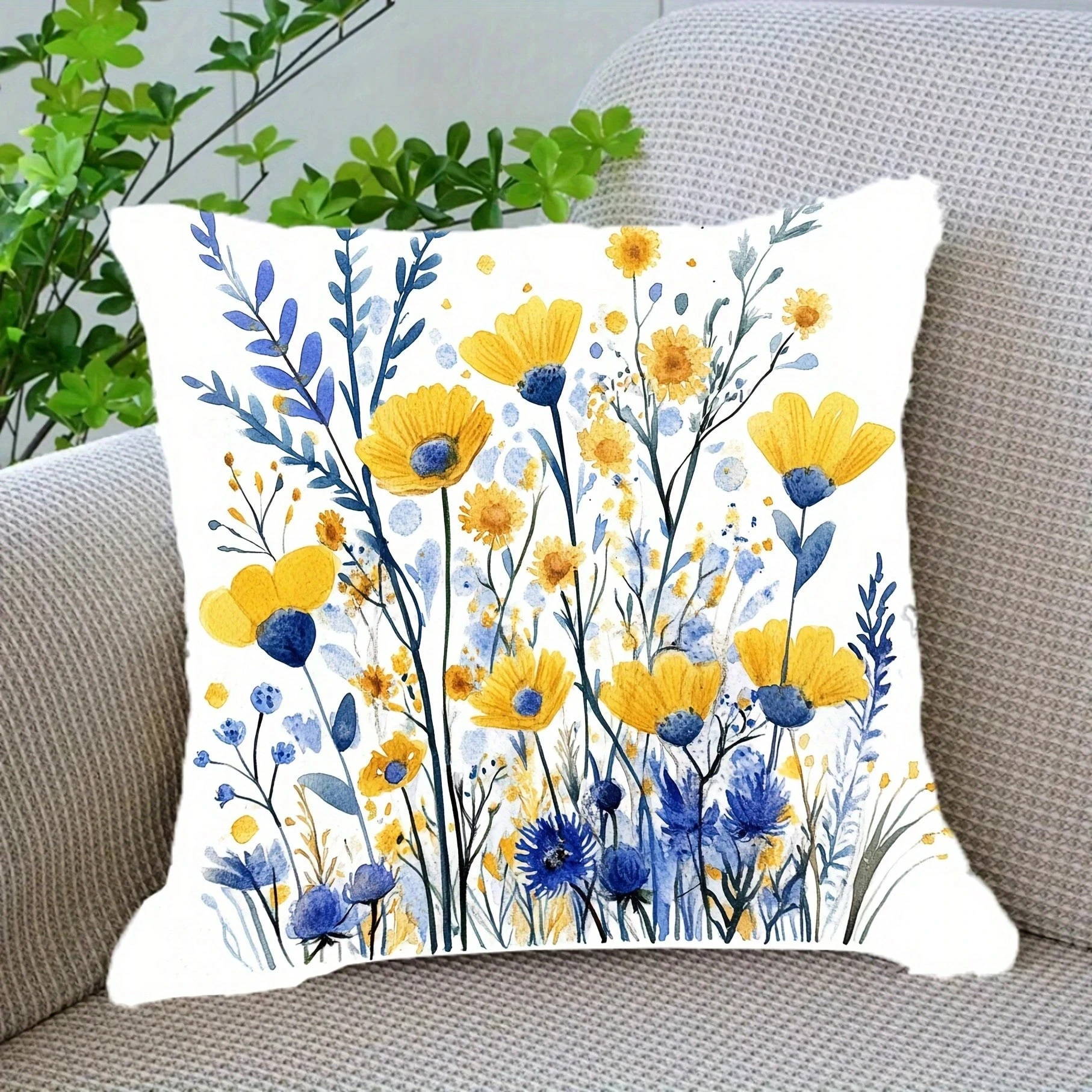 Bohemian Floral Pillow Cover, Double Sided Blue Yellow Wildflower Print, Washable for Sofa Bedroom Decor