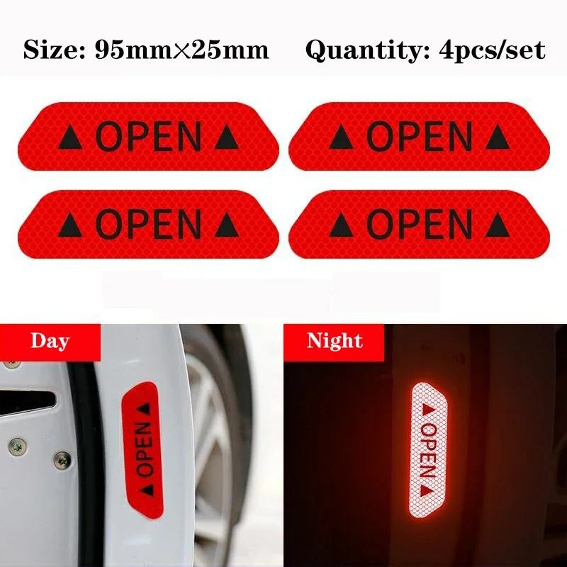 4Pcs Reflective Car Door Sticker Decal Tape Safety Opening Warning Reflector Car Accessories Interior Exterior Reflector Sticker