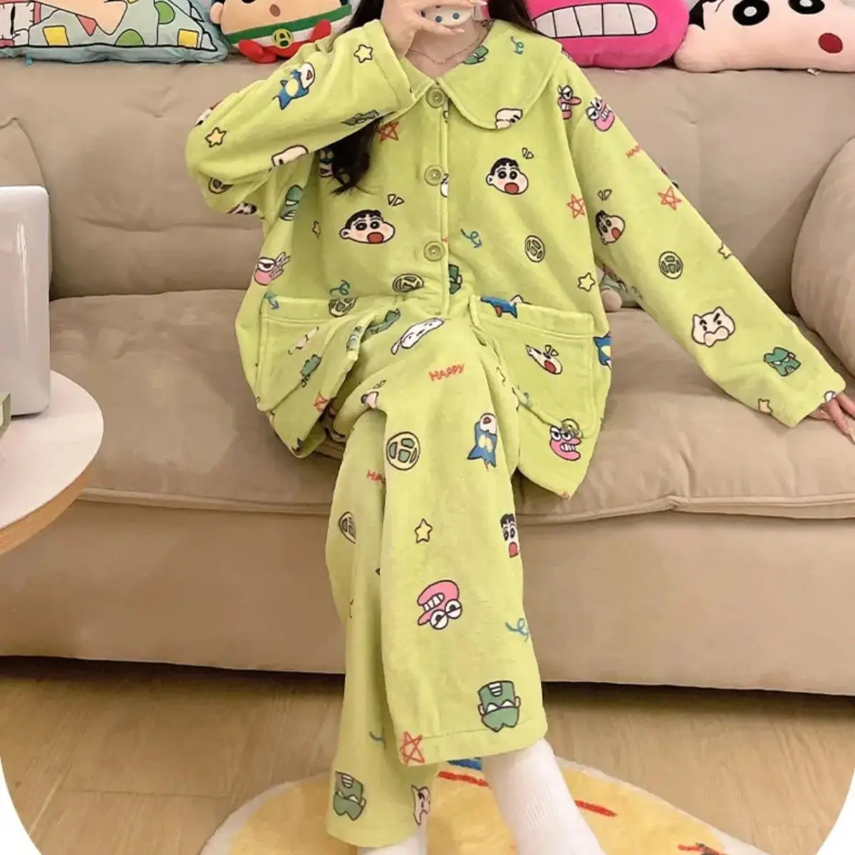 Ensemble de pyjama Crayon Shin-Chan pour femme, pantalon long à manches longues, glouton chaud, mignon, décontracté, salon, filles, hiver, nouveau, 2024