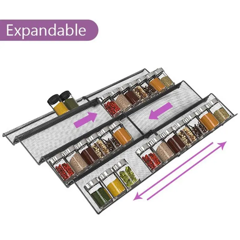 4-Tier Expandable Seasoning Jar Storage Rack Spice Drawer Organizer Tray Kitchen Pantry Countertop Organization Shelf