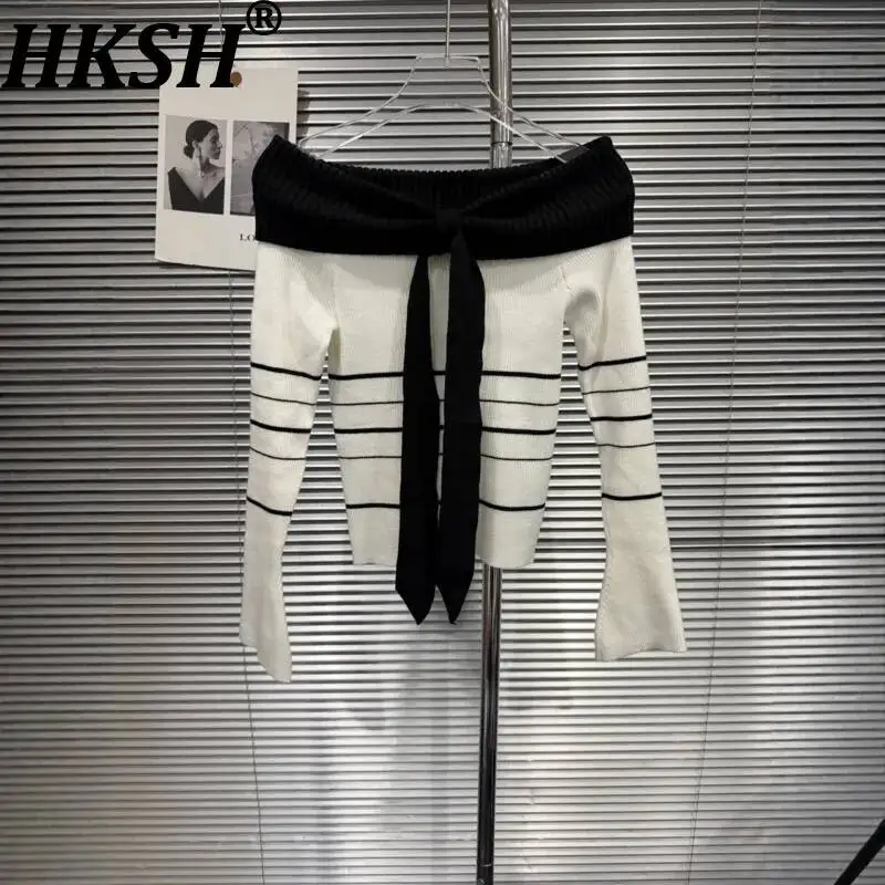HKSH Women's Sweater Elegant Fashion Striped Off-shoulder Bow Flare Sleeve Contrast Color Knitted Pullover Spring Autumn HK26229