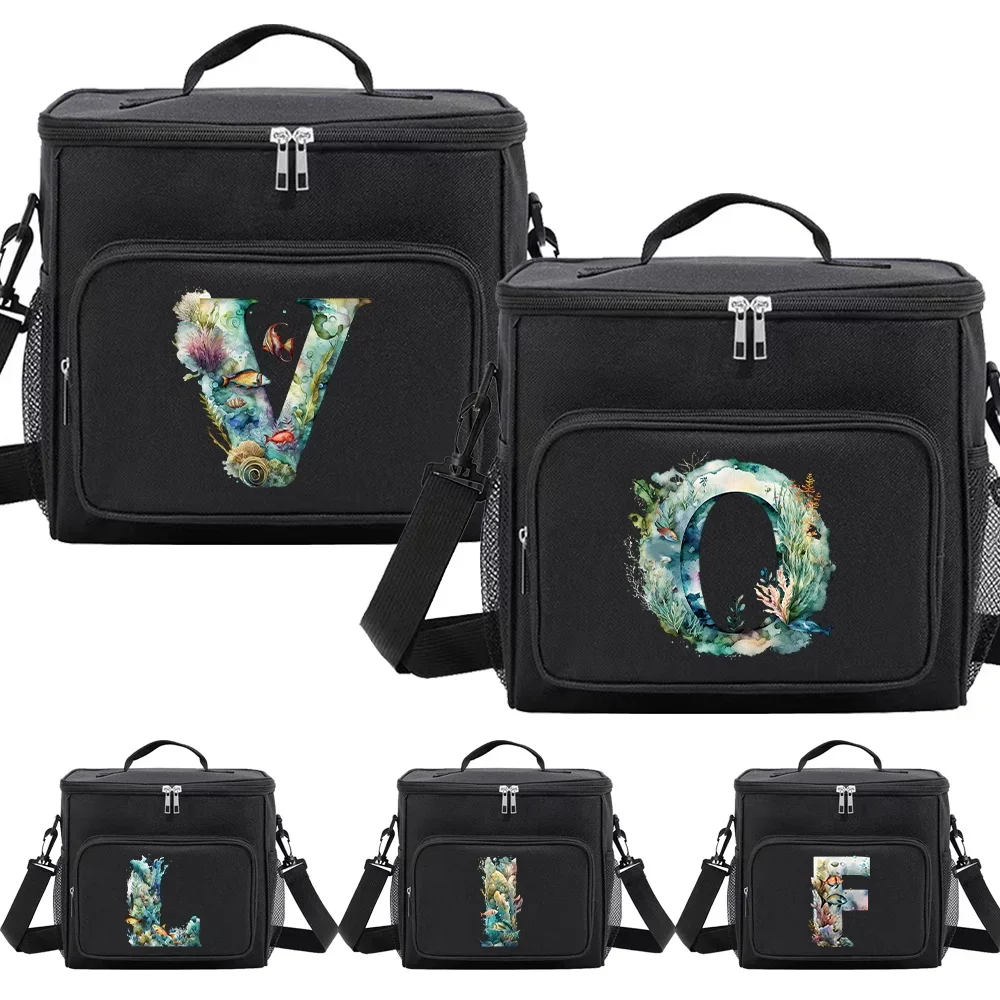 Multi-Pocket Lunch Box for College Student Black Color Food Tote Bag Storage Bag Fish Letter Series Printing Organizer Bento