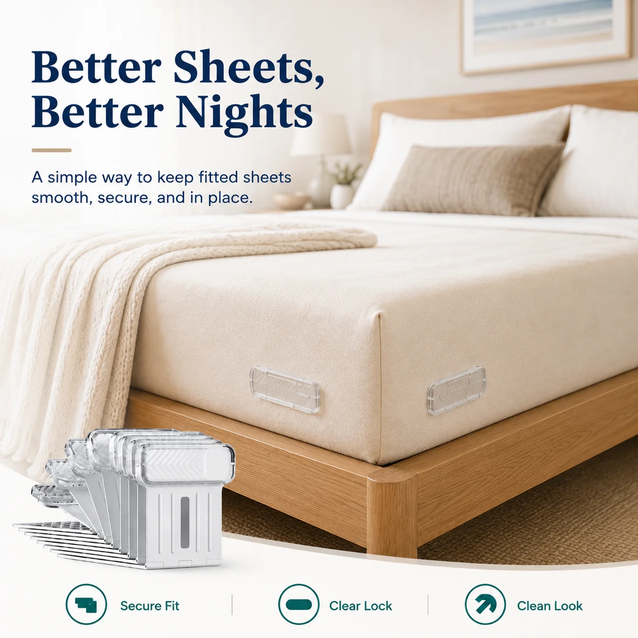 Non-Invasive Bed Sheet Clips, Keep Sheets in Place & Secure, No Needle Grip for Smooth, Tight Sheets