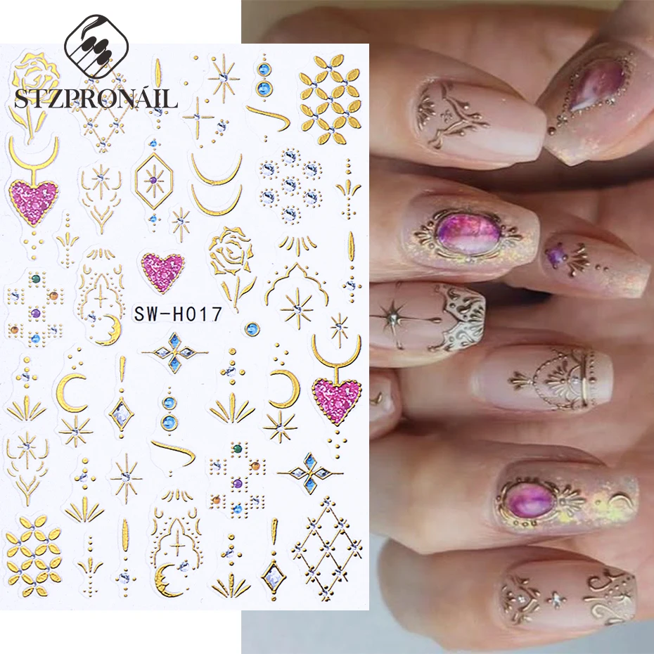 Bohemian Gold Metallic Nail Sticker 3D Butterfly Insect Petal Tulip Rose Bee Lace DIY Holographic Bronzing Manicure Accessories