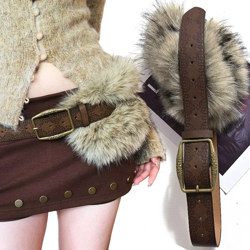 

Y2K PU Leather Belt for Women Retro Wasteland Plush Waist Accessory Adjustable Chains Faux Fur Belt for Jeans Punk Fashion Gifts