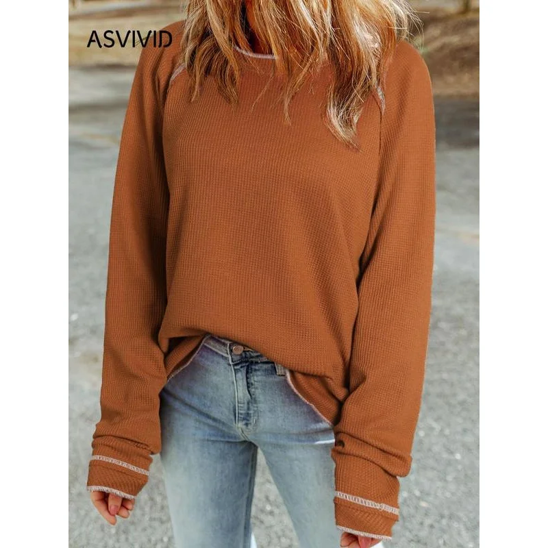 Women's Plain Contrast Binding Waffle Knit Top, Sweaters for Women, Casual Raglan Sleeve Round Ne Top for Fall, Fashion Ladies'