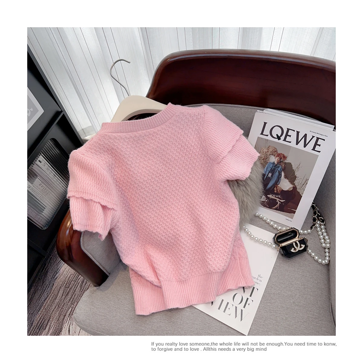 Short Petal sleeve Sequins Sweater For Women 2024 Summer O-neck Pink Knitted Pullover Tops Elegant Chic Ladies Jumpers Knitwear