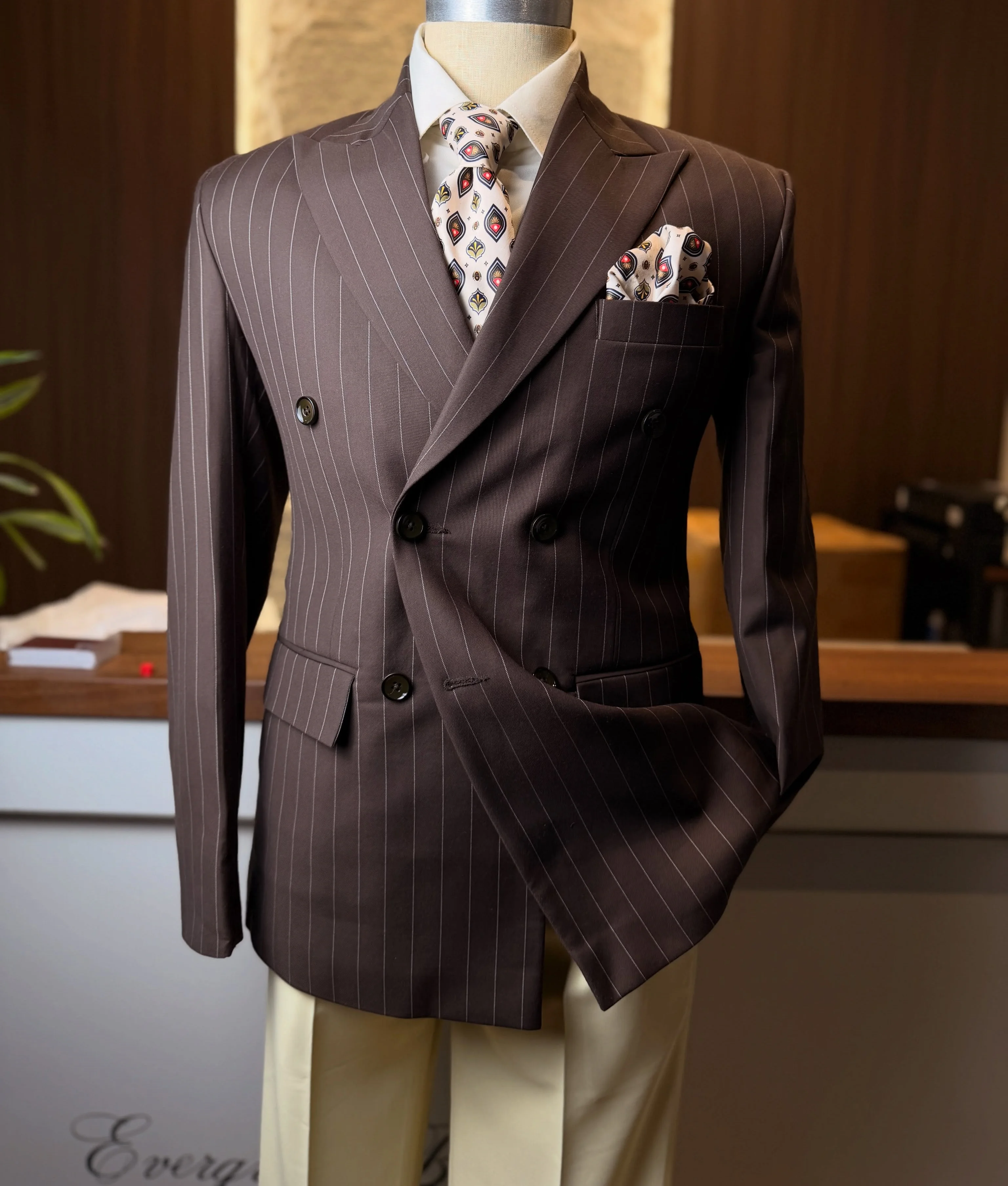 Dark Brown Pinstripe 2 Piece Suit Blazer Jacket Pants Set Double Breasted Formal Business Wedding Banquet Prom Coat Customized