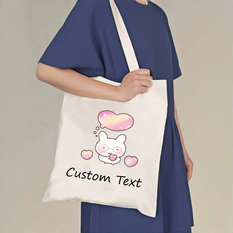1pc Canvas Tote Bag Cute Rabbit Heart Print Custom Text Roomy Durable 2 Colors Casual Shoulder Bag