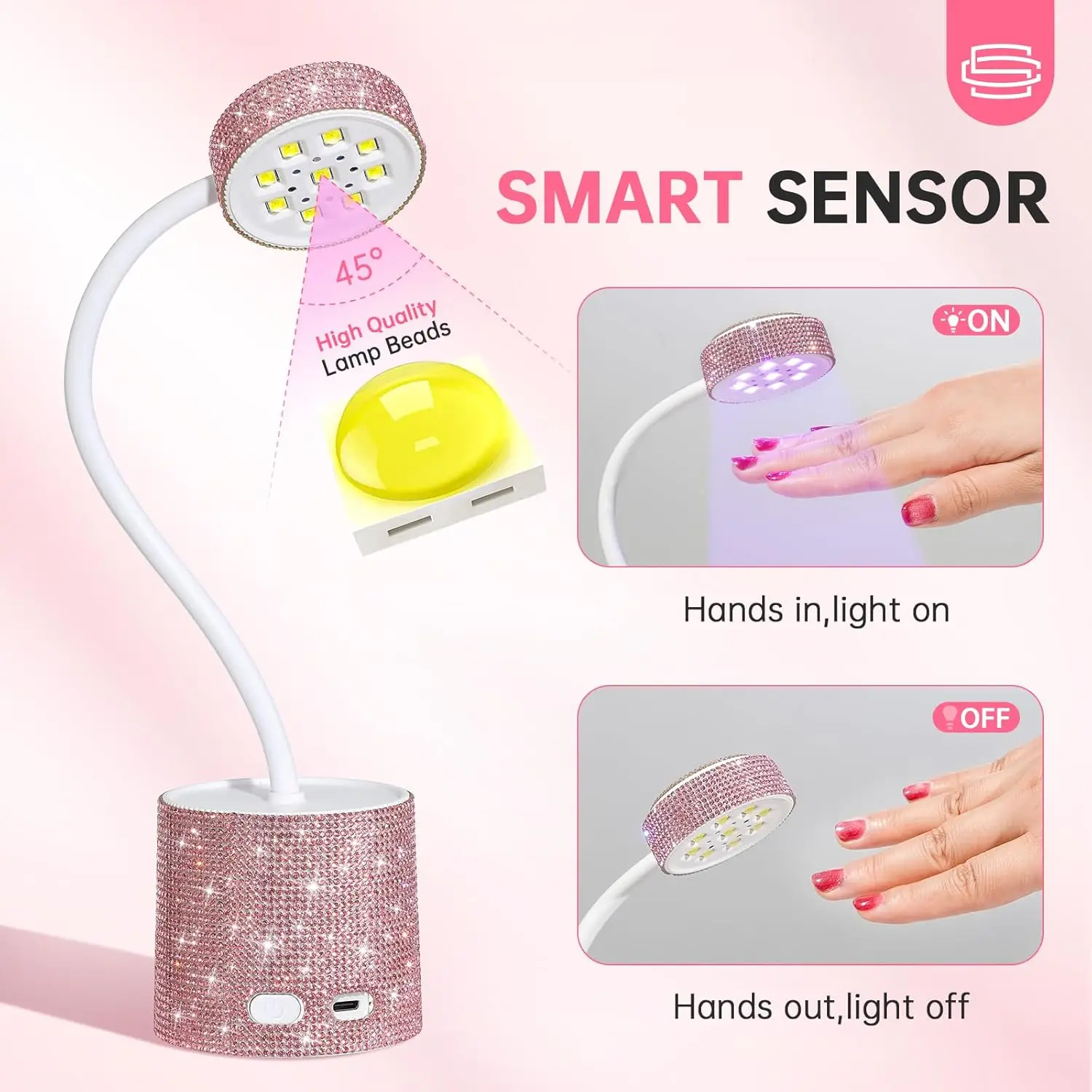 ジェルポリッシュ用ミニ充電式UV LEDネイルランプ、速乾性グースネックデザイン、ピンクダイヤモンド