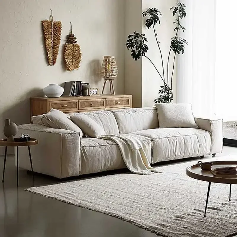 wabi-sabi wind linen three-person fabric sofa, small apartment living room cotton and linen cream wind sofa