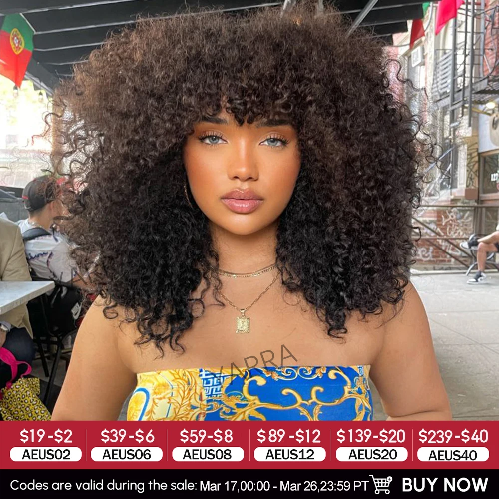 Afro Kinky Curly Human Hair Wigs With Bangs For Black Women 250% Density Brazilian 100% Human Hair Remy Full Machine Made Hair