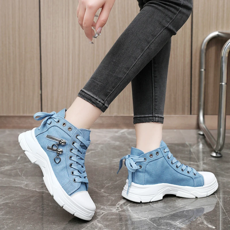 Trendy High Top Canvas Shoes 2024 Autumn New Design Sense Thick Sole Height Increase Anti Slip Versatile High Top Women\'s Shoes