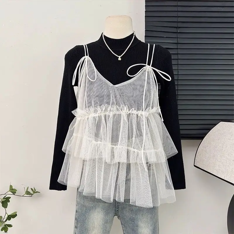 

Многослойный сетчатый жилет с галстуком-бабочкой, топ, женская многослойная одежда, весна-лето, черный, с грибковым краем, модная внешняя башня