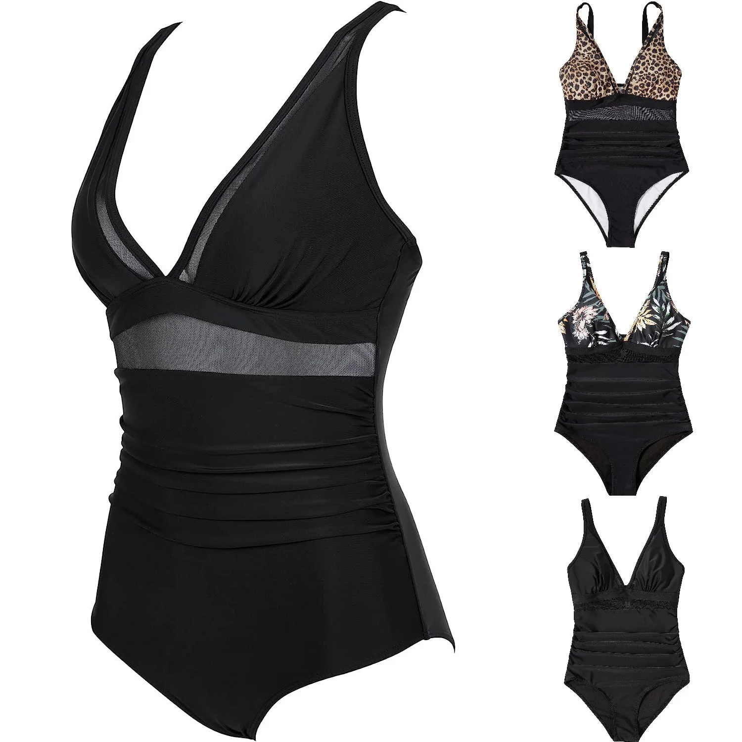 Deep V-Neck Women's Swimwear One-Piece Bikini Swimsuits Mesh Waist Lady Girls Sand Beachwear S-XXL