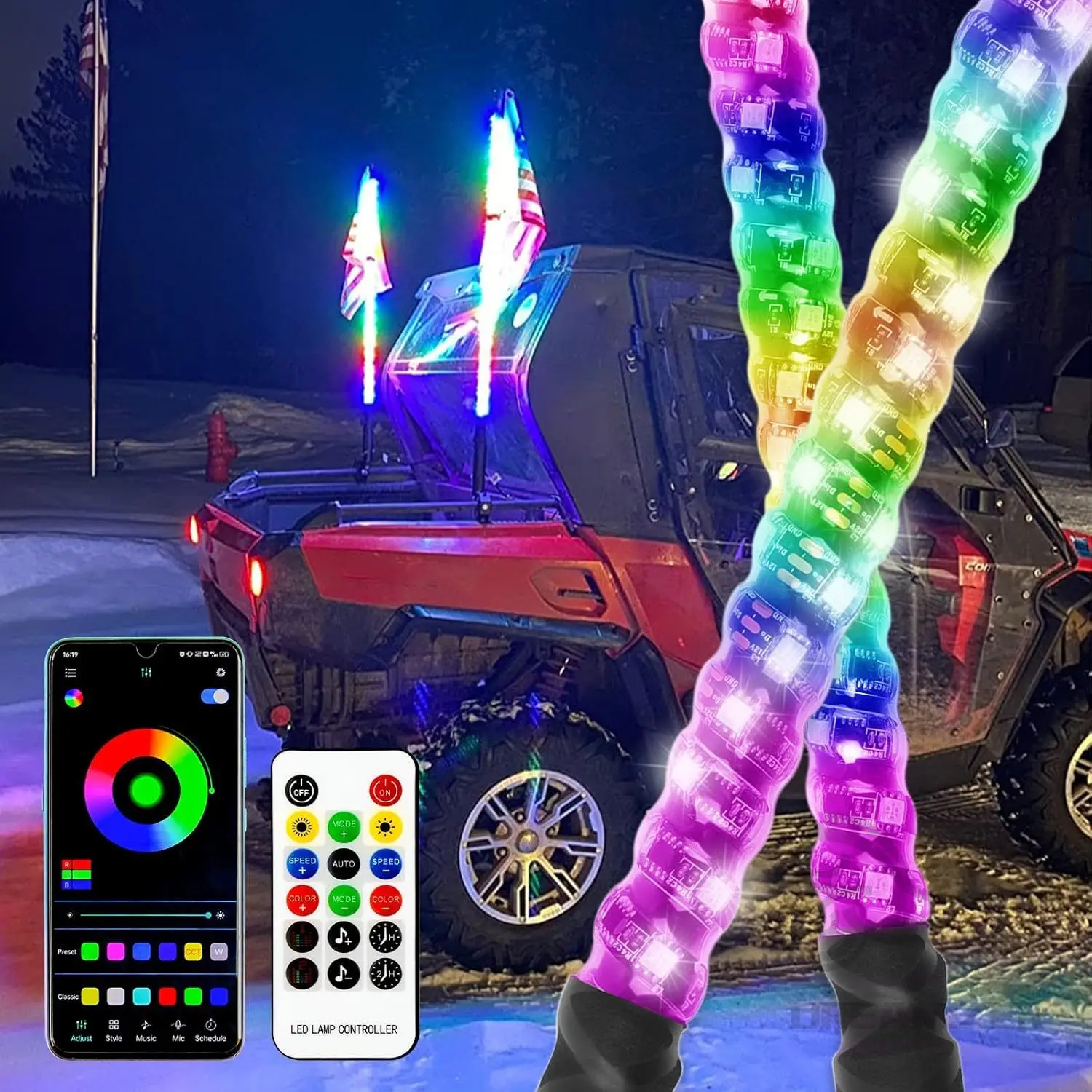2PCS 2FT Light Whips With USA Flags For Side By Side For RZR Can-Am X3 Ranger Wrangler JK For UTV ATV LED Spiral Whip Lights