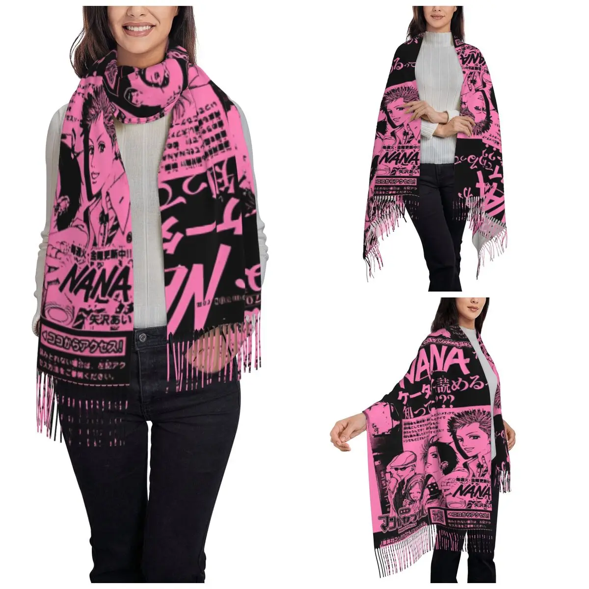 وشاح نسائي مع شرابة نانا مستوحاة أنيمي كبير شتاء دافئ شال التفاف أوساكي Kawaii الكرتون ارتداء اليومي أوشحة الباشمينا #2
