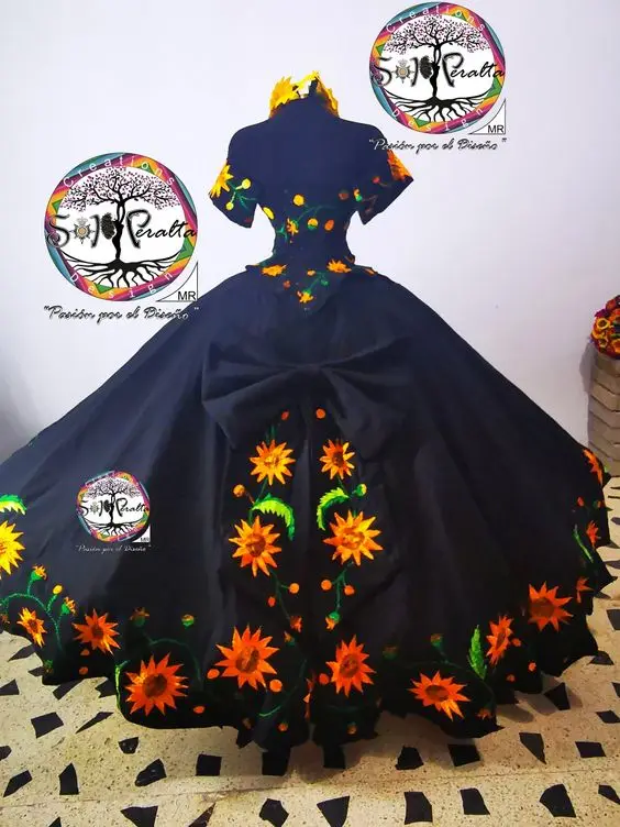 Black Mexcian Quinceanera Dresses Sunflower Embroidered Off Shoulder Bow Charro Sweet 15 Dress Sweet 16 Quince XV Prom customsiz