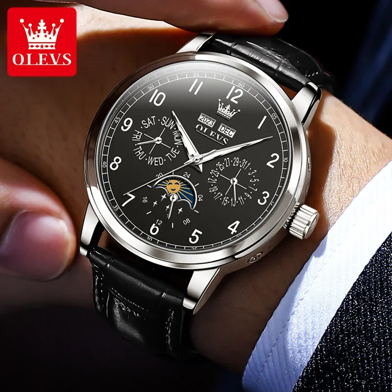 OLEVS 남성용 다기능 가죽 스트랩 손목 시계, 문페이즈 방수 레저 원피스, 6698