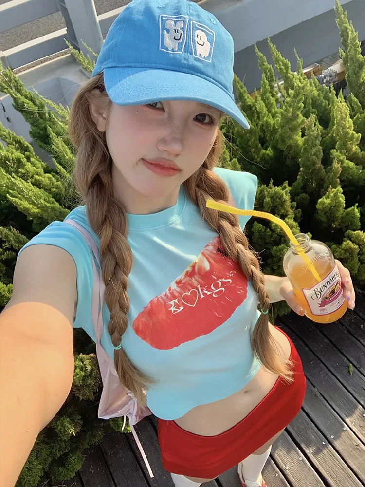 Mint Wave Fruit oulder ort Sve T-irt Women Summer American Hot Girl Slim Fit ort Tight Beautiful Small Top