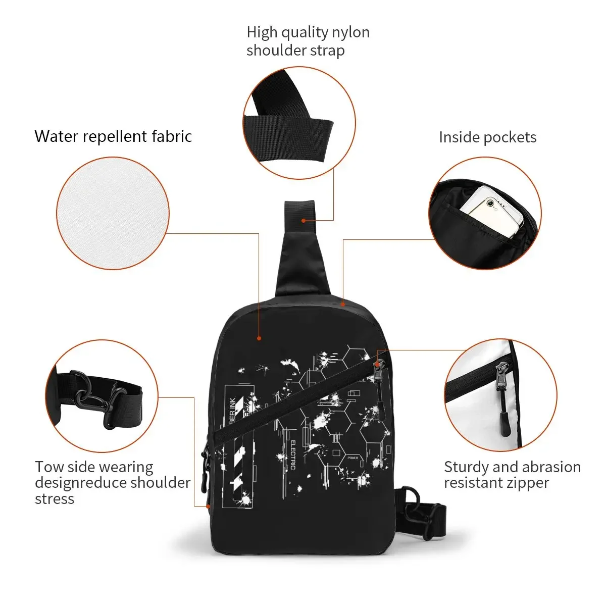 Tokyo Techwear Hexagons Cyber Ink Splash Sling Bags Street Wear Graphic Shoulder Chest Crossbody Backpack Travel Hiking Daypack