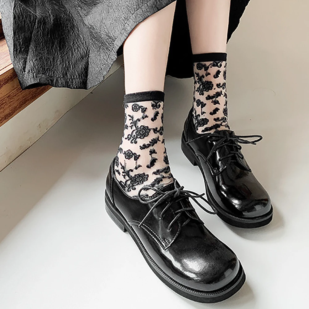 Cute Lolita Socks Women Sexy Glass Silk Floral Print Women's Transparent Socks Vintage For JK Girl Clothing Accessories