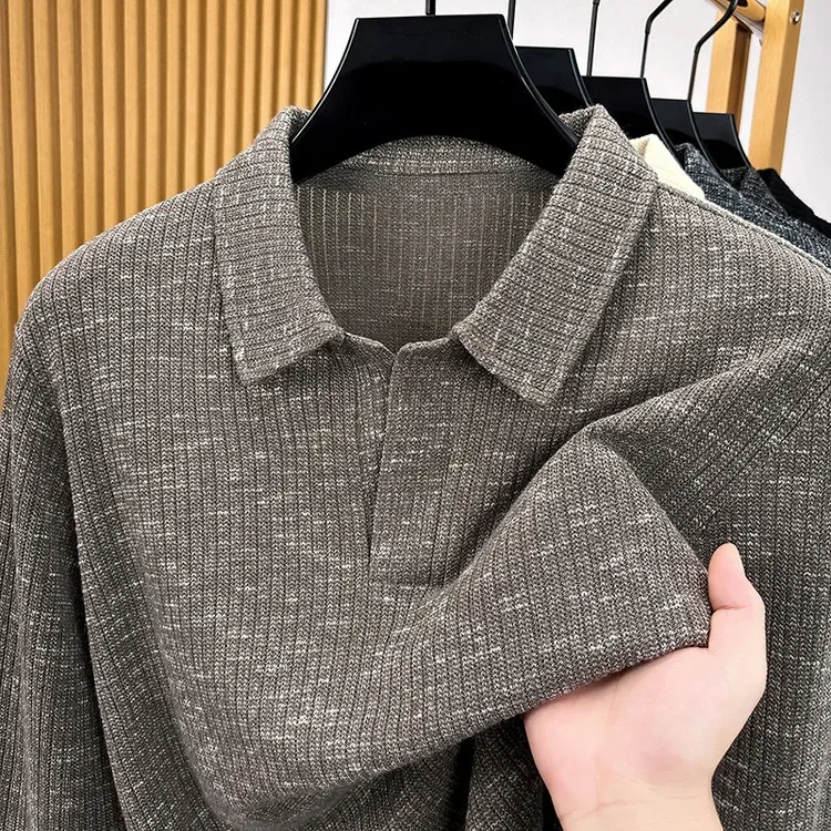 Men Lapel Collar Knitted Polo Shirt Long Sleeve Textured Ribbed Fabric Half Placket Slim Soft Knit Top Daily Casual Mens Tops