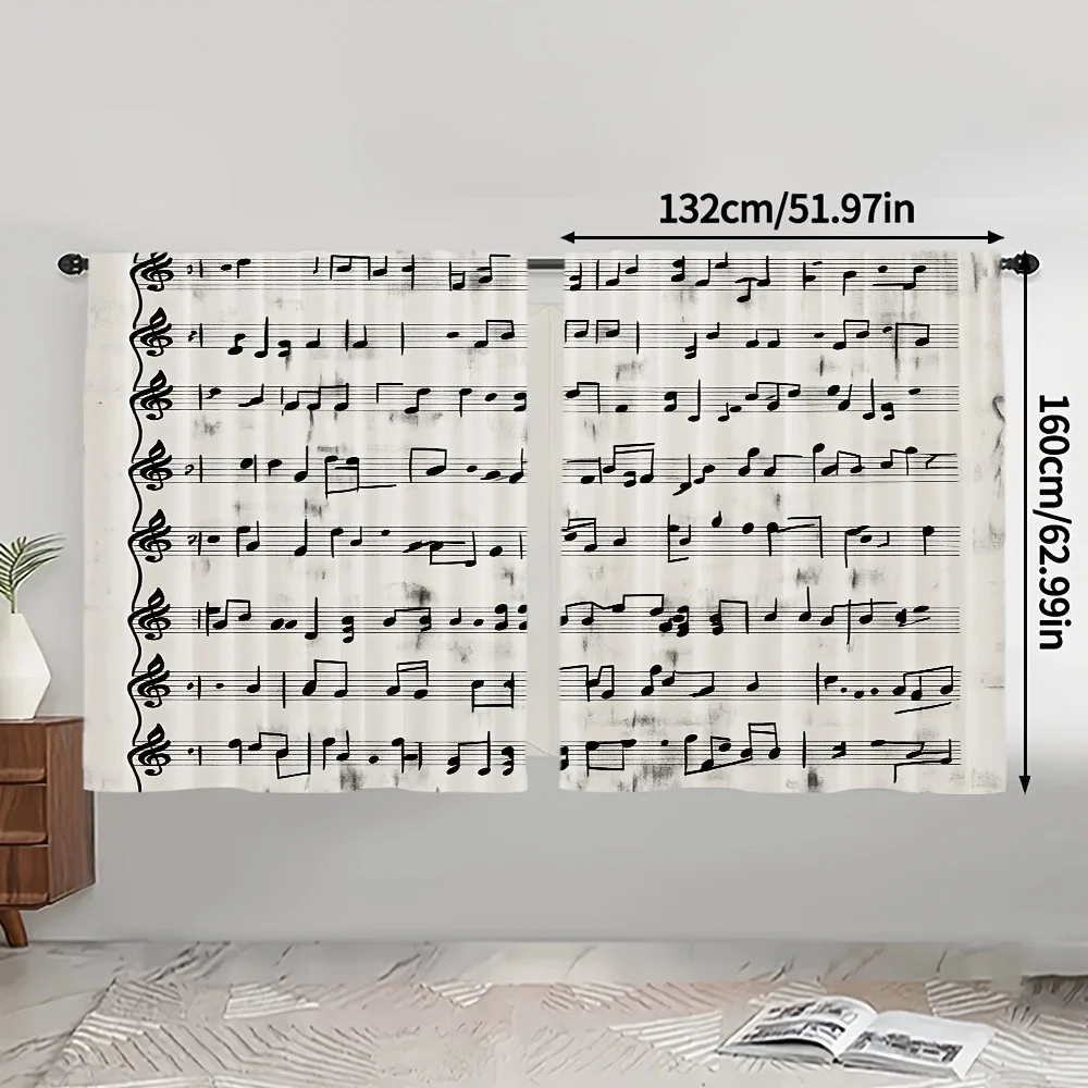 2 Panels Vintage Sheet Music Print Curtains Musical Note Polyester Drapes Light Blocking for Living Room Bedroom Home Decor