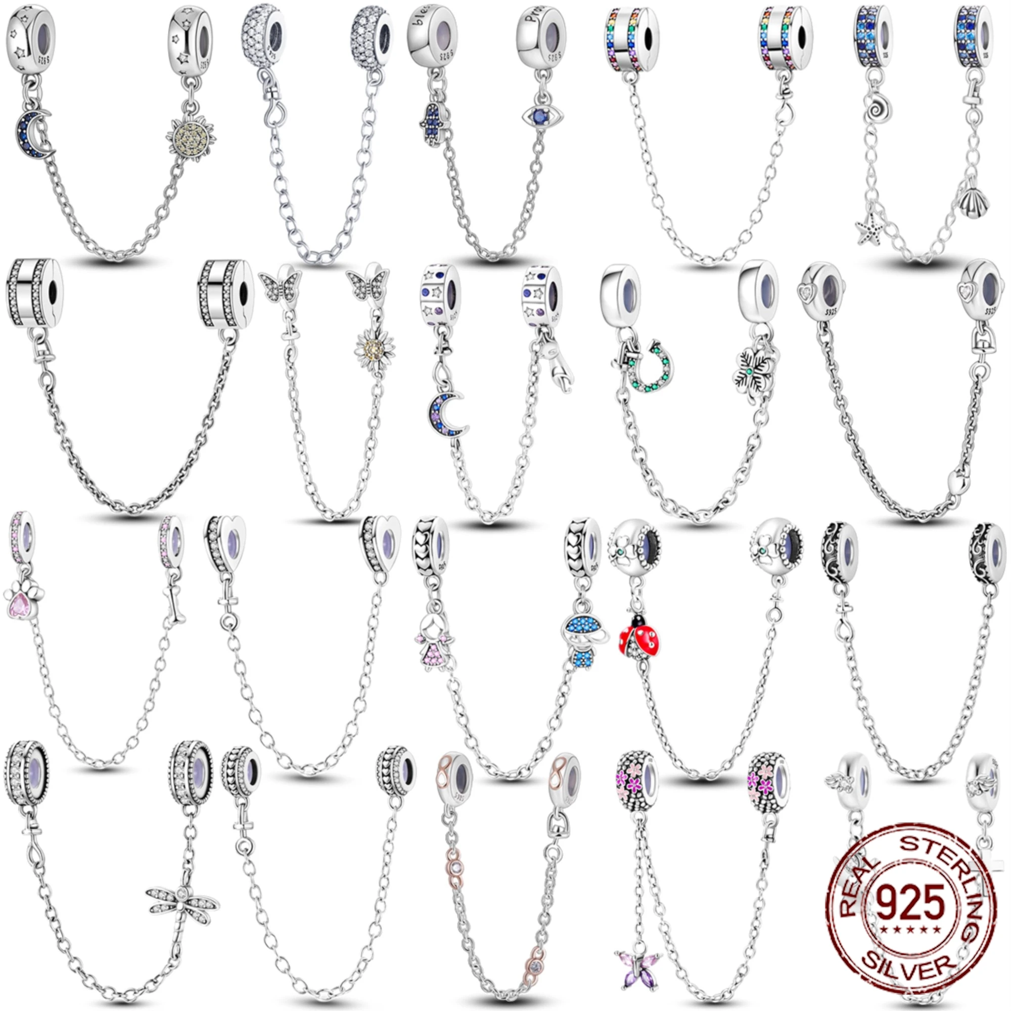 Сверкающая прозрачная Серебряная безопасная цепочка 925 пробы Серебряная цепочка Шарм Бусины Подходят для оригинального браслета Pandora DIY ювелирные изделия Сверкающая прозрачная Серебряная безопасная цепочка 925 пробы Серебряная цепочка Шарм Бусины Подходят для оригинального браслета Pandora DIY ювелирные изделия