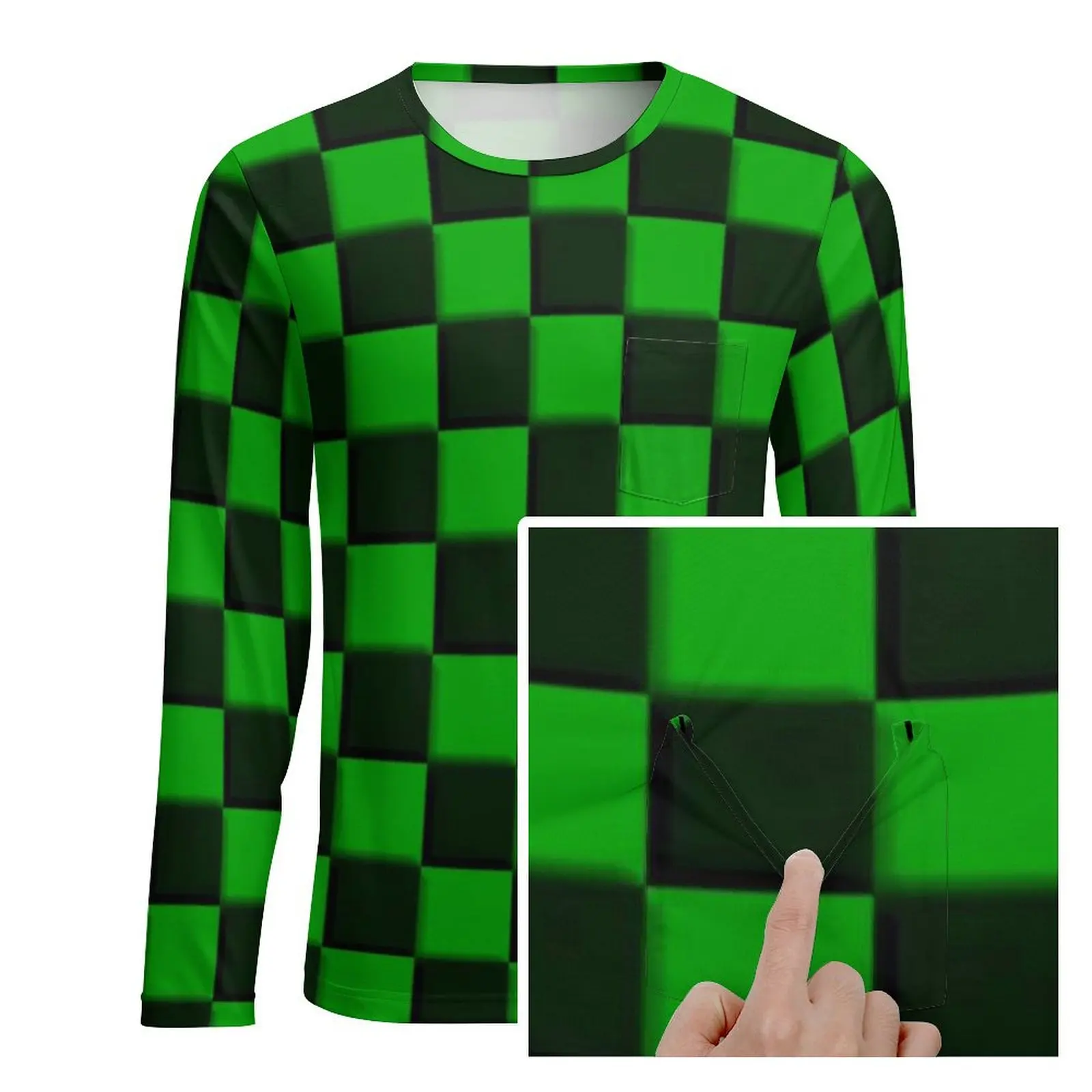 Cool Checkerboard T Shirt Green Black Checkers Male Hippie T-Shirts Autumn Design Tees Long Sleeve Fun Oversized Gift