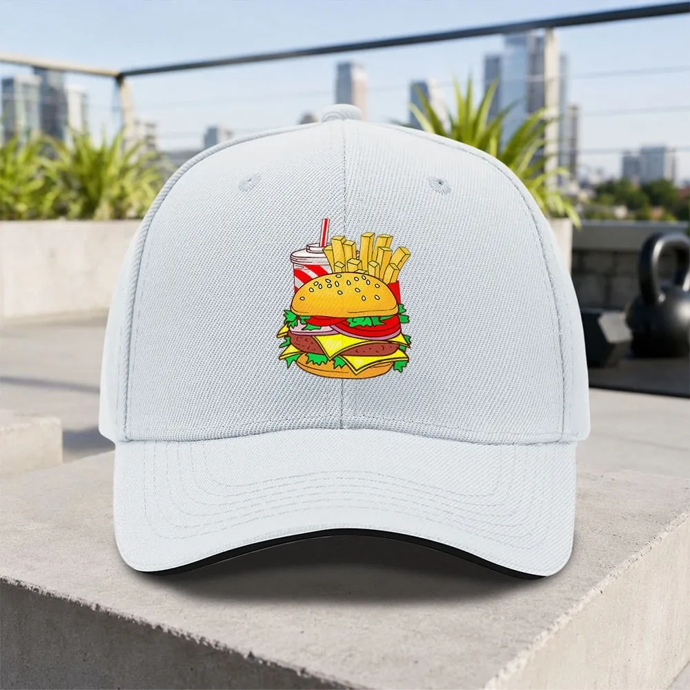 Burger Fries Meal Print Baseball Cap Unisex Adjustable Lightweight Polyester Hat for Outdoor Daily Wear