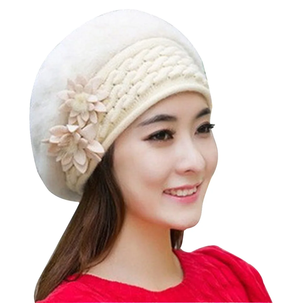 

Thickened Double Layer Knitted Wool Hat For Women Girls With Elegant Side Flower Design Snow Sports Outdoor Leisure Beanies Warm