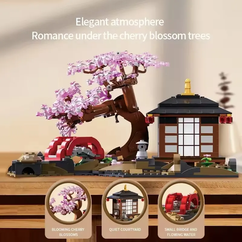MOC Japanische Sakura Haus Kirschblüte Bausteine Set Zen Garten Baum Blume Hütte Ziegel DIY Spielzeug Kinder Geburtstag Geschenke