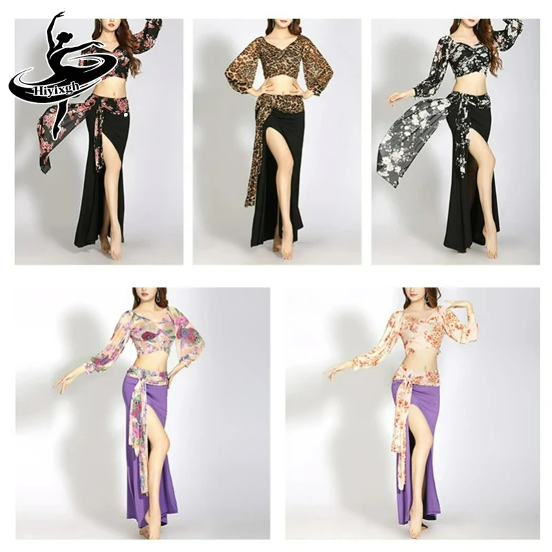 Conjunto de Vestido de Dança do Ventre para Mulheres, Top com Decote em V e Saia com Fenda, Traje de Prática e Treinamento, Vestuário de Dança Moderna Sexy para Performance em Salão de Baile