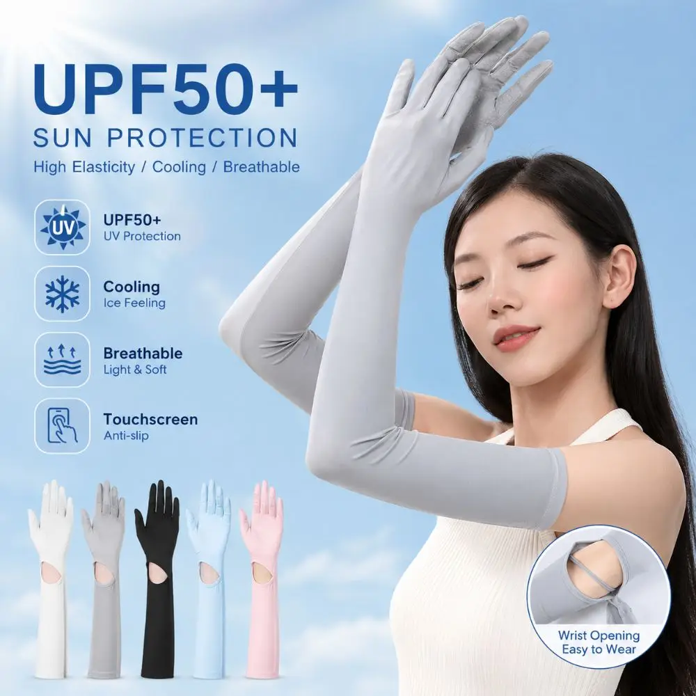 Ice Silk Sun Protection Gloves Anti UV Shield UPF50+ Sunscreen Summer Gloves Elastic Fit Long Sleeved Touchable Screen Gloves