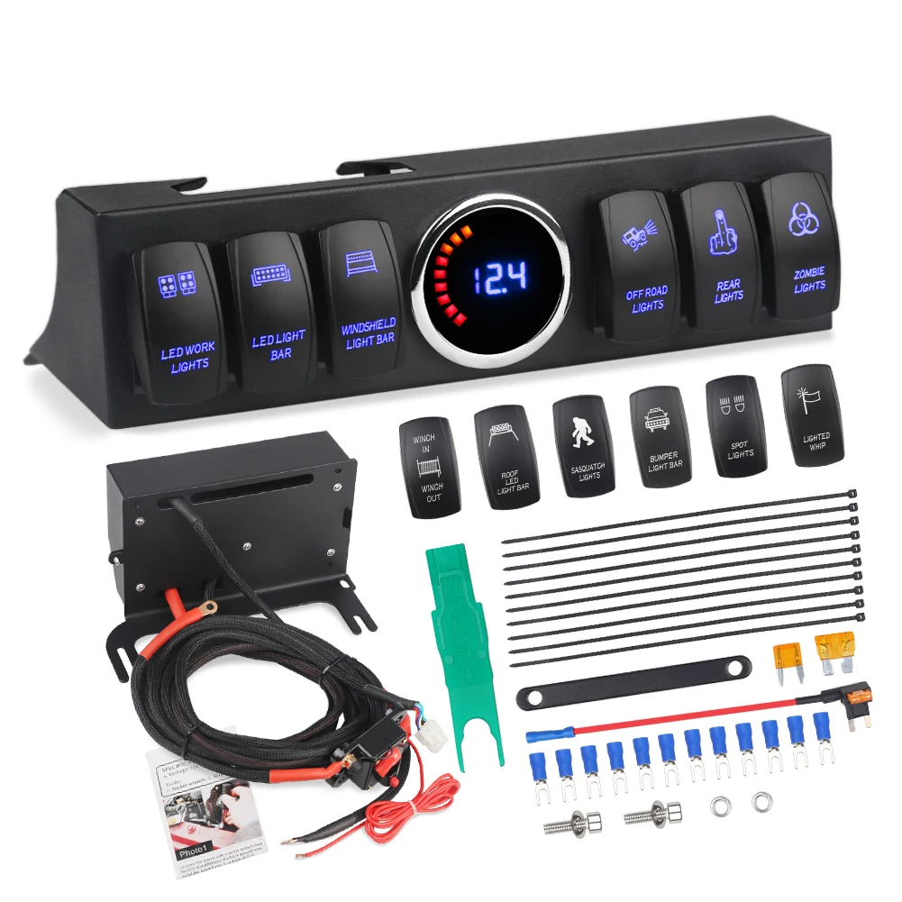 6 Gang Rocker Switch Panel Source Control System Box Wiring Harness Kit LED Voltmeter For Jeep Wrangler JK JKU 2007-2018