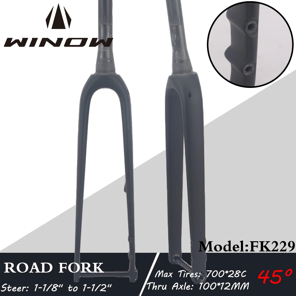 Winow Carbon Road Fork 700*28C 45mm Offset 100*12mm Thru Axle Disc Brake Road Bike Front Fork External Cable Black Matte Finish