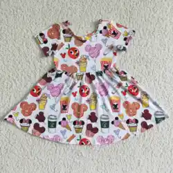 Boutique Cartoon Kids Cute Short Sleeves Dress New Design Princess Clothes Wholesale Kids Dress Short Sleeve Twril Dress Girls
