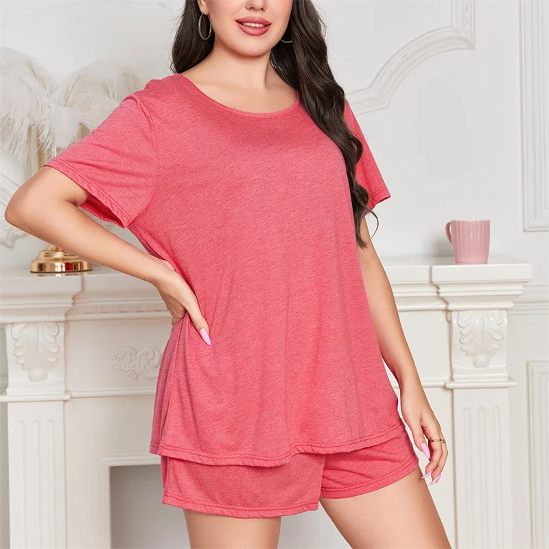 

Summer Women's Thin Pajamas Short Sleeve T-shirt Shorts Two Piece Set Fashion Solid Oversized 5XL Loose Casual Home Clothing