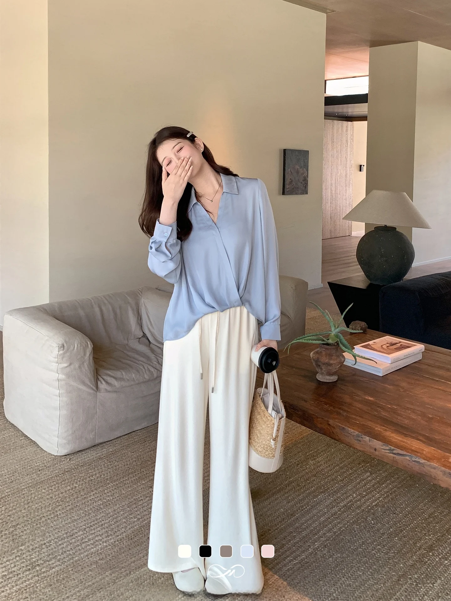 

Casual Wide Leg Pants Westside 224 New Item Soft Dra Paper Thin Feel Woven Belted Loose Fit Spring Season Ladies Trousers