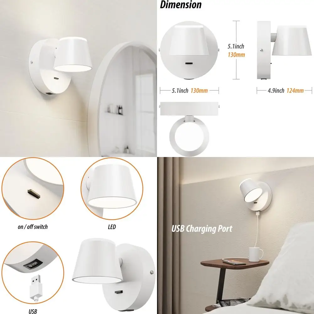

Pair of LED Wall Sconces with USB Port and Rotatable Heads, White, Hardwired, 110V
