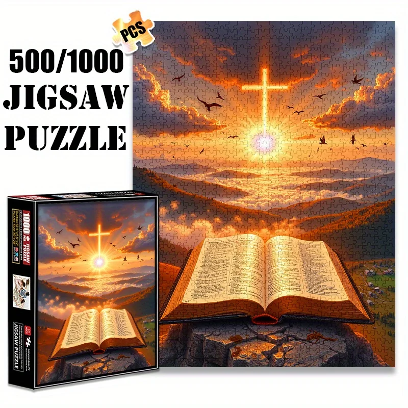 

Пазлы с крестом премиум-класса для взрослых • 500/1000 шт. Религиозные произведения искусства с открытой книгой и крестообразным дизайном • «сделай сам» с защитой от царапин