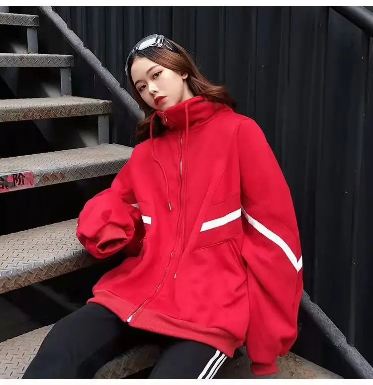 Y2k Hoodie Long Sleeve Kpop Harajuku Drawstring Pocket Sweatshirt 2025 Striped Oversized Zip Up Hoodies Women Retro Jackets