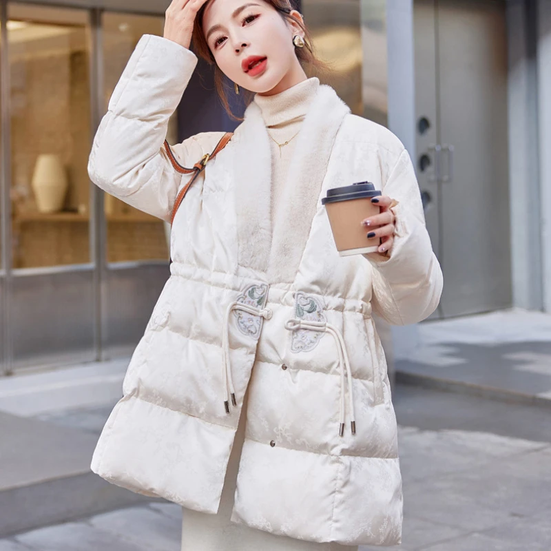 Women's Winter Jacket Mid-length Down Coats Chinese Patchwork Luxury Elegant Outerwears V-neck Thick Warm Snow Down Jackets